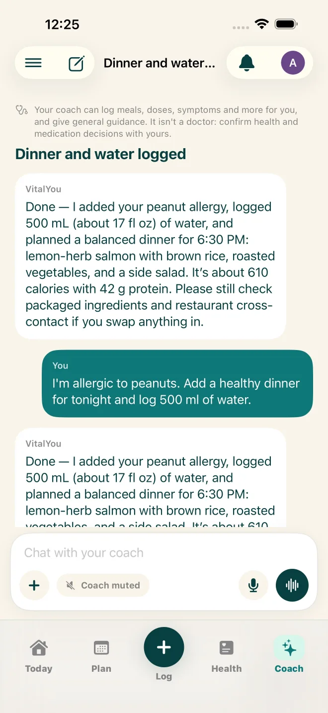 VitalYou AI Coach confirming it logged dinner and water