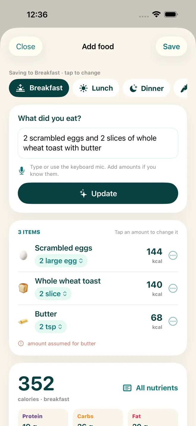 Add food screen with items to review